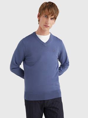 Tommy Hilfiger 1985 Essential TH Flex V-Neck Jumper Truien Heren Blauw | TH751CQV