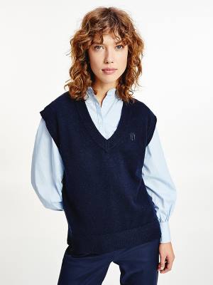 Tommy Hilfiger Alpaca Relaxed V-Neck Kort Sleeve Vest Truien Dames Blauw | TH243HEW