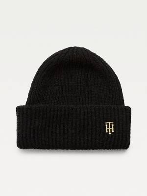 Tommy Hilfiger Alpaca Wool Blend Rib-Knit Beanie Hoeden Dames Zwart | TH984UWL