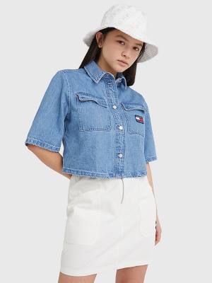 Tommy Hilfiger Badge Cropped Kort Sleeve Denim Overhemd Dames Denim | TH045AHS