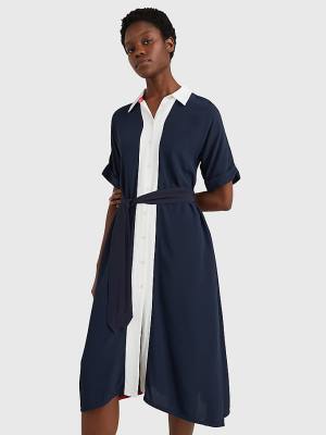 Tommy Hilfiger Colour-Blocked Midi Shirt Jurken Dames Blauw | TH350ATZ