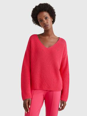 Tommy Hilfiger Contrast Knit Relaxed Fit V-Neck Jumper Truien Dames Roze | TH017AZQ