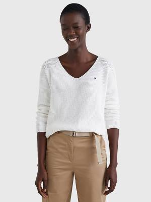 Tommy Hilfiger Contrast Knit Relaxed Fit V-Neck Jumper Truien Dames Wit | TH587CJE