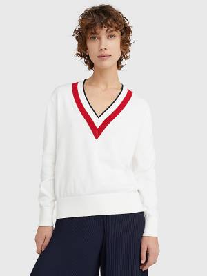 Tommy Hilfiger Contrast V Neck Jumper Truien Dames Wit | TH928KMD