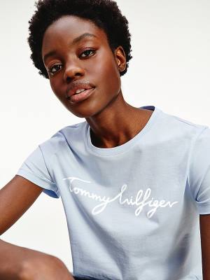 Tommy Hilfiger Crew Neck Graphic Signature Logo T-shirts Dames Blauw | TH034WAB