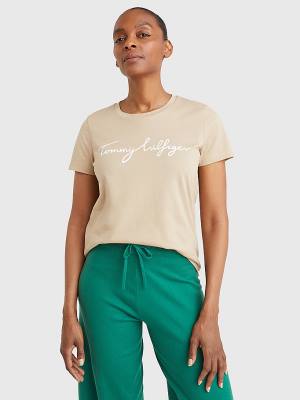 Tommy Hilfiger Crew Neck Graphic Signature Logo T-shirts Dames Beige | TH271IWT