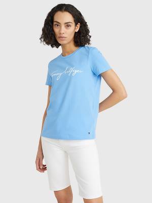 Tommy Hilfiger Crew Neck Graphic Signature Logo T-shirts Dames Blauw | TH946MOY