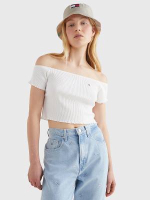 Tommy Hilfiger Cropped Off-The-Shoulder T-shirts Dames Wit | TH512ODS