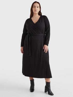 Tommy Hilfiger Curve Long Sleeve V-Neck Midi Wrap Jurken Dames Zwart | TH915KBH