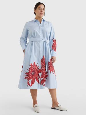 Tommy Hilfiger Curve Stripe Floral Print Midi Shirt Jurken Dames Blauw | TH096HYP