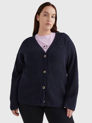 Tommy Hilfiger Curve V-Neck Relaxed Fit Rib Knit Cardigan Truien Dames Blauw | TH278WGP