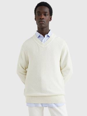 Tommy Hilfiger Elevated Textured V-Neck Jumper Truien Heren Wit | TH104QSJ