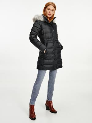 Tommy Hilfiger Essential Down-Filled Faux Fur Trim Coat Jassen Dames Zwart | TH537EYB