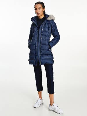 Tommy Hilfiger Essential Down-Filled Faux Fur Trim Coat Jassen Dames Blauw | TH743UGE