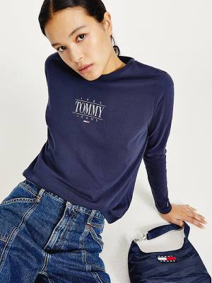 Tommy Hilfiger Essential Long Sleeve Logo T-shirts Dames Blauw | TH863KYA