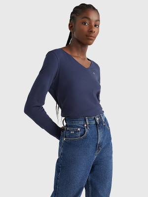 Tommy Hilfiger Essential V-Neck Long Sleeve T-shirts Dames Blauw | TH361YIW