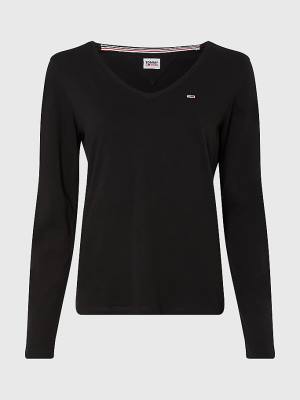 Tommy Hilfiger Essential V-Neck Long Sleeve T-shirts Dames Zwart | TH625OAC