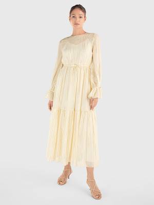 Tommy Hilfiger Gold Stripe Silk Blend Maxi Jurken Dames Wit | TH854WEH