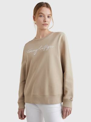 Tommy Hilfiger Graphic Crew Neck Sweatshirts Dames Beige | TH876BGL