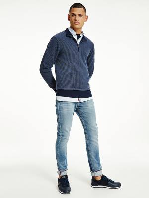 Tommy Hilfiger Herringbone Knit Half-Zip Jumper Truien Heren Blauw | TH862CYM