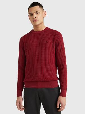 Tommy Hilfiger Knitted Grid Check Crew Neck Jumper Truien Heren Rood | TH148NGK