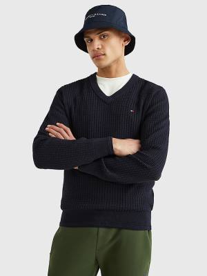 Tommy Hilfiger Knitted Grid Check V-Neck Jumper Truien Heren Blauw | TH542XMB