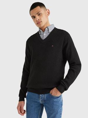 Tommy Hilfiger Knitted Grid Check V-Neck Jumper Truien Heren Zwart | TH712VBI