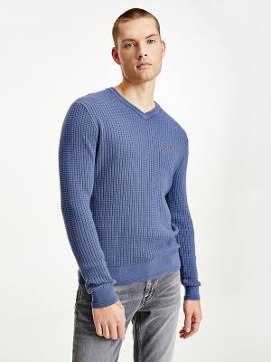 Tommy Hilfiger Knitted Grid Check V-Neck Jumper Truien Heren Blauw | TH719PXC