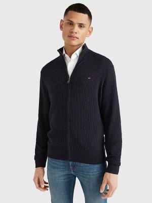 Tommy Hilfiger Knitted Grid Check Zip-Thru Jumper Truien Heren Blauw | TH159CYJ