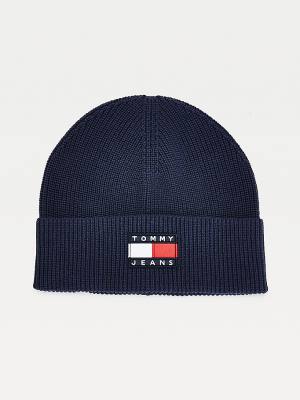 Tommy Hilfiger Knitted Organic Katoenen Badge Beanie Hoeden Heren Blauw | TH867YKE