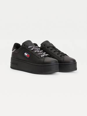 Tommy Hilfiger Leren Flatform Cupsole Sneakers Dames Zwart | TH643DWB