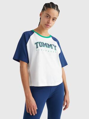 Tommy Hilfiger Logo Contrast Trim Colour-Blocked T-shirts Dames Blauw | TH865EJD