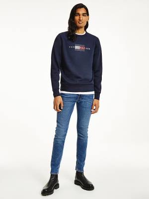 Tommy Hilfiger Logo Crew Neck Sweatshirts Heren Blauw | TH469ANH