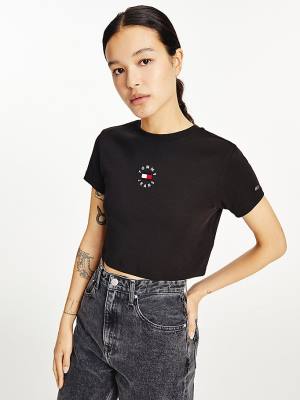 Tommy Hilfiger Logo Embroidery Cropped T-shirts Dames Zwart | TH037QXA