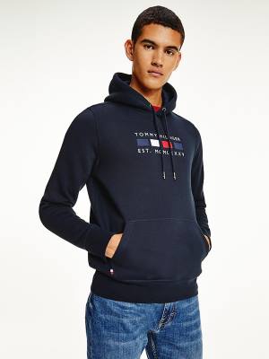 Tommy Hilfiger Logo Embroidery Fleece Hoodie Heren Blauw | TH510RIU