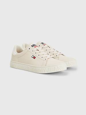 Tommy Hilfiger Logo Leren Cupsole Sneakers Dames Beige | TH156JWD