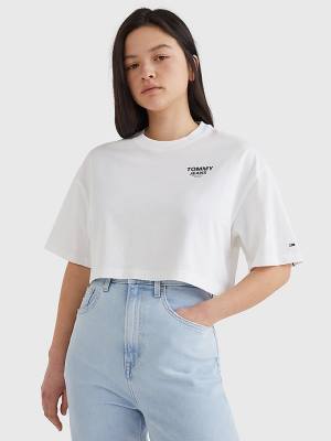 Tommy Hilfiger Logo Tape Oversized Cropped T-shirts Dames Wit | TH324QNX