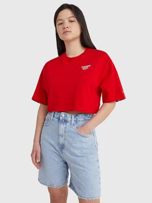 Tommy Hilfiger Logo Tape Oversized Cropped T-shirts Dames Rood | TH701GEN