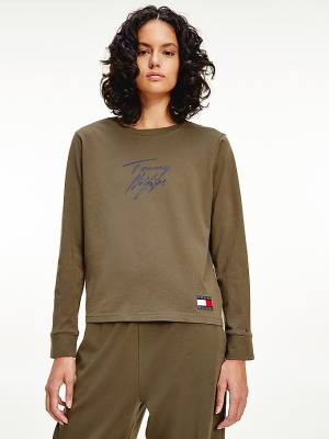 Tommy Hilfiger Long Sleeve Lounge Signature Logo T-shirts Dames Khaki | TH256POY