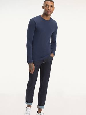 Tommy Hilfiger Long Sleeved Ribbed Organic Katoenen T-shirts Heren Blauw | TH692KPM