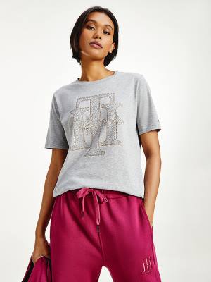 Tommy Hilfiger Organic Katoenen Crystal Monogram T-shirts Dames Grijs | TH360JLR