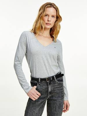 Tommy Hilfiger Organic Katoenen Long Sleeve V-Neck T-shirts Dames Grijs | TH251BDI