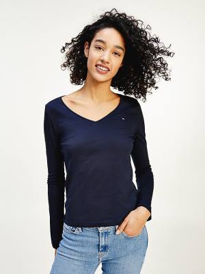 Tommy Hilfiger Organic Katoenen Long Sleeve V-Neck T-shirts Dames Blauw | TH897QFO