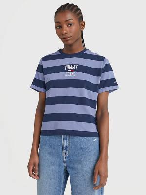 Tommy Hilfiger Organic Katoenen Stripe Logo T-shirts Dames Blauw | TH602AHB