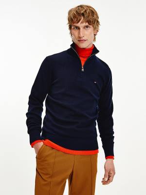 Tommy Hilfiger Pima Katoenen Cashmere Half Zip Jumper Truien Heren Blauw | TH879FMS