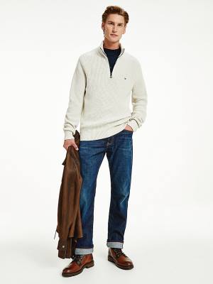 Tommy Hilfiger Ribbed Half-Zip Relaxed Fit Jumper Truien Heren Beige | TH837HNZ