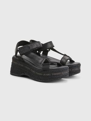 Tommy Hilfiger Rope Wedge Heel Leren Sandalen Dames Zwart | TH253OSW