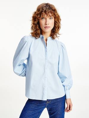 Tommy Hilfiger Ruffled Mandarin Collar Relaxed Fit Blouse Dames Blauw | TH025SDW