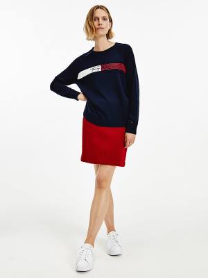 Tommy Hilfiger Signature Embroidery Organic Katoenen Jumper Truien Dames Blauw | TH183BDW