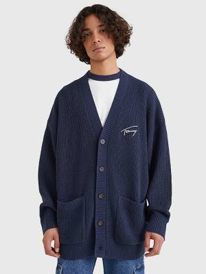 Tommy Hilfiger Signature Embroidery V-Neck Knitted Cardigan Truien Heren Blauw | TH138ZVF